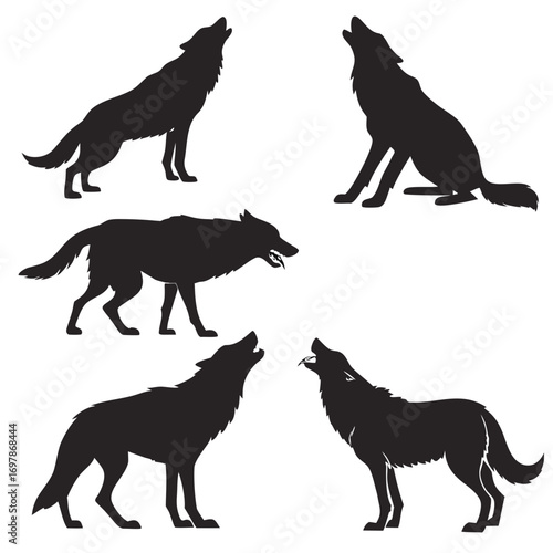 Collection of five black wolf silhouettes in various howling and standing poses against a white background
