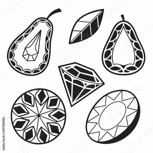 Stylized black and white outline illustrations of fruits and gemstones with geometric patterns