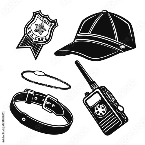 Collection of black and white vector icons representing police officer accessories including a badge hat belt leash and radio
