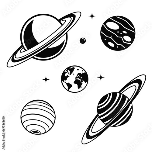 Collection of stylized black and white planets and stars in outer space on a white background