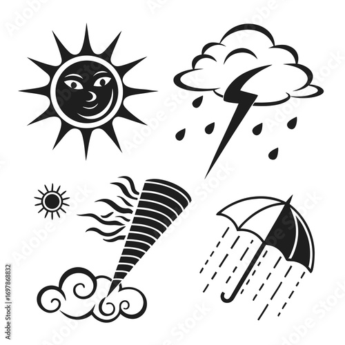 Collection of weather icons including a smiling sun lightning storm tornado and umbrella with rain