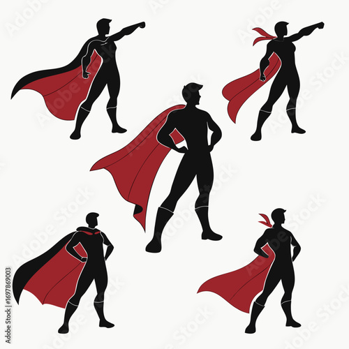 Collection of five diverse superhero silhouettes in dynamic poses wearing red capes against a white background