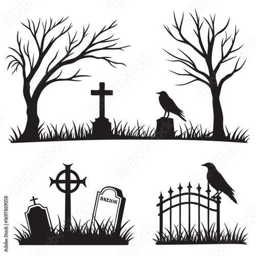 Spooky halloween cemetery scene silhouettes featuring bare trees gravestones crows and a fence