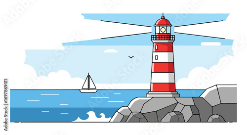 Nautical navigation aid illustration with a red and white striped lighthouse watching over a sailboat against a clear blue sky
