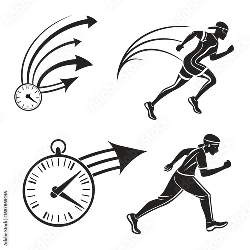 Athletic runners in silhouette with stylized arrows and stopwatch symbols representing speed and competition