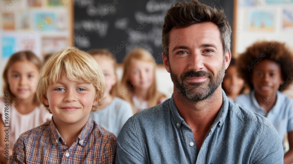 Fototapeta premium Smiling teacher and student pose together in a bright classroom filled with children during an engaging lesson