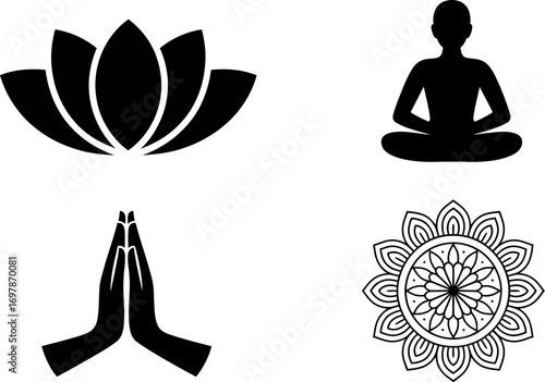 Serene collection of yoga and meditation symbols including a lotus flower, person in meditation, prayer hands, and mandala.