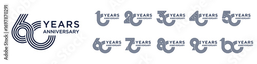 collection anniversary 10 to 100 year logo designs. abstract number for celebration event, wedding, greeting card, and invitation, vector illustration