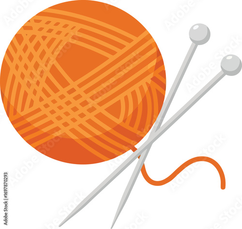 Vibrant orange yarn ball with knitting needles craft hobby handmade diy cozy warmth textile art vector