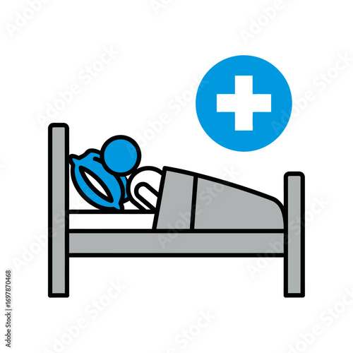 Illustration of a person sleeping in a hospital bed with a medical cross symbol