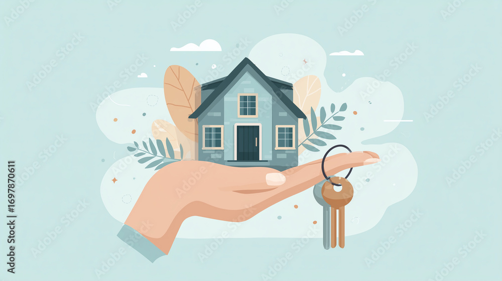 Fototapeta premium Hand holding house illustration with keys symbolizing real estate ownership 