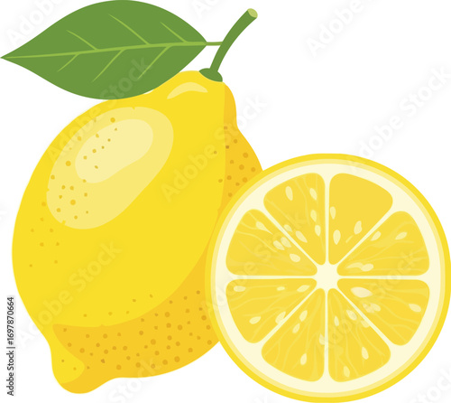 Vibrant fresh lemon pair whole citrus fruit slice with green leaf healthy food ingredient vector