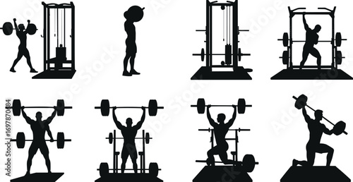 Silhouettes of Weightlifters and Gym Equipment in Action Poses – Fitness, Strength Training, Workout, CrossFit, Powerlifting Vector Set
