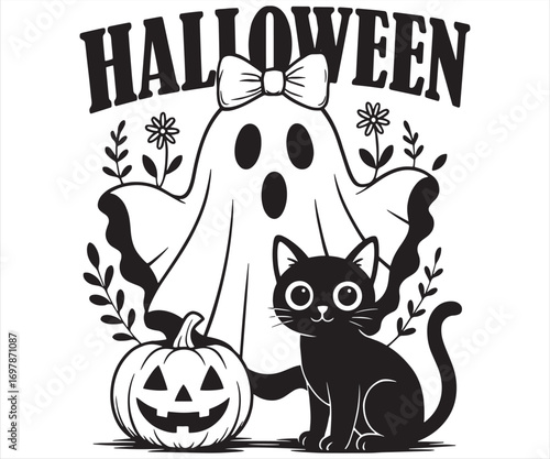 Halloween Ghost with Cat and Pumpkin Illustration