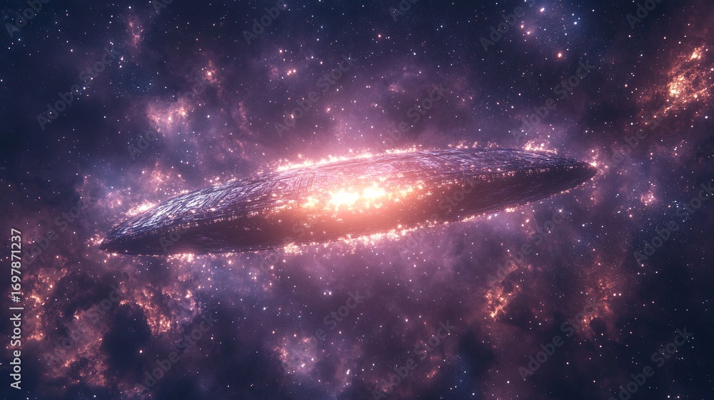 Fototapeta premium mysterious glowing object floating between stars, ancient alien tech radiating energy, dramatic cosmic composition, high realism