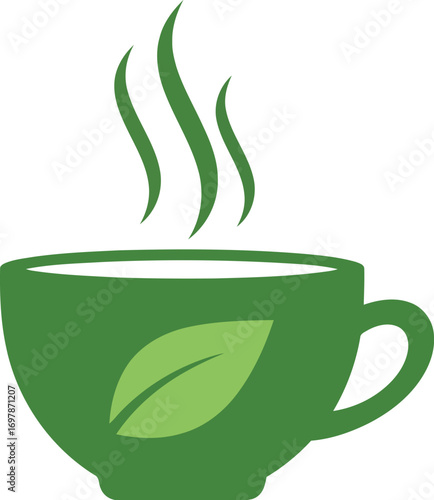 Steaming green tea cup with leaf symbol fresh herbal beverage healthy drink vector