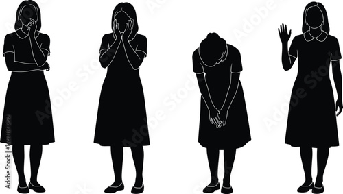 Silhouettes of Woman Expressing Emotions and Gestures, Including Sadness, Apology, and Greeting, Isolated on White Background for Emotional Concepts