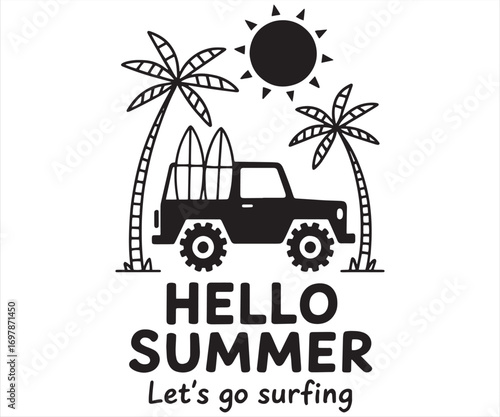 Hello Summer Let’s Go Surfing Retro Illustration
