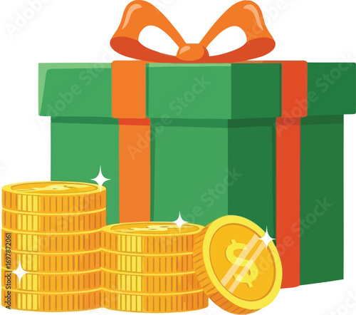 Green gift box with orange ribbon stacked gold coins and citrus slice celebration vector