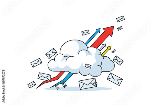 Illustrating the rapid transmission of digital mail through a central cloud infrastructure with upward trending arrows indicating growth and efficiency