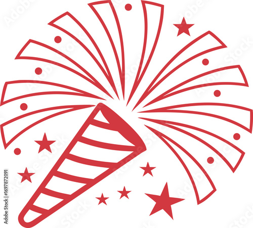 Red Firework Popper Exploding With Stars And Circles On Black explosion burst