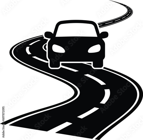 Iconic silhouette of a car navigating a winding road with tire tracks symbolizing journey and freedom vector