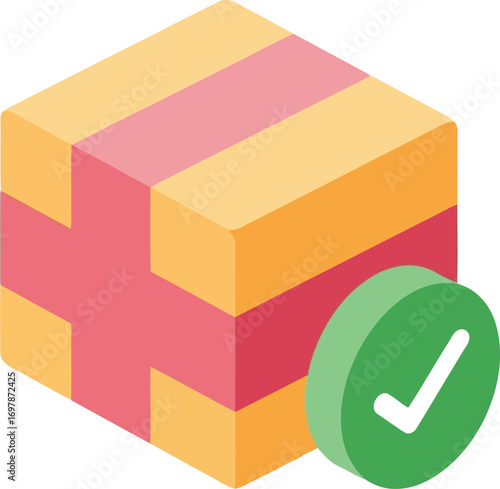 Isometric cardboard box with green checkmark icon for delivery confirmation and successful shipping vector