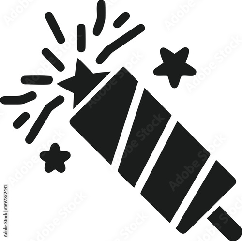 Dark Gray Icon Of A Firework Popper With Stars And Sparks symbol