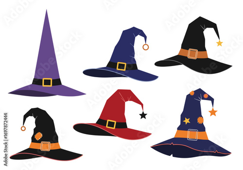 Collection of enchanting halloween witch hats featuring various colors and decorative elements for spooky celebrations