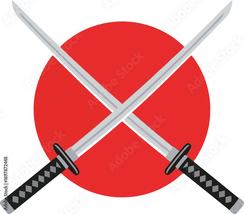 Samurai swords crossed over japanese sun symbol icon minimalist vector art vector