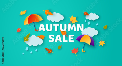 Autumn sale logo, weather banner poster. Fall background, 3d clouds, umbrella and leaves, blue sky. Promo sale design. Vector illustration. Monsoon season layout template. Children paper art coupon