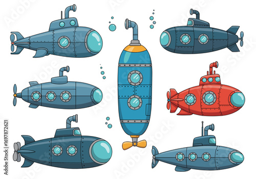 Collection of various underwater submarine vehicles in different designs and colors exploring ocean depths