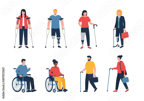 Diverse group of individuals with mobility aids and prosthetics representing inclusion and accessibility
