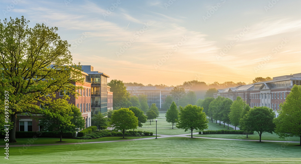 Obraz premium A serene and peaceful photograph of a business park at dawn. The buildings are a mix of modern and classic architecture, surrounded by lush, green trees and a well-manicured lawn. The lighting is sof