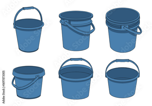Collection of various blue plastic buckets with handles suitable for household and industrial use