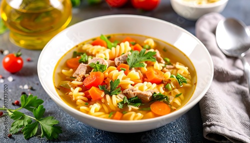 Hearty pasta soup, colorful veggies