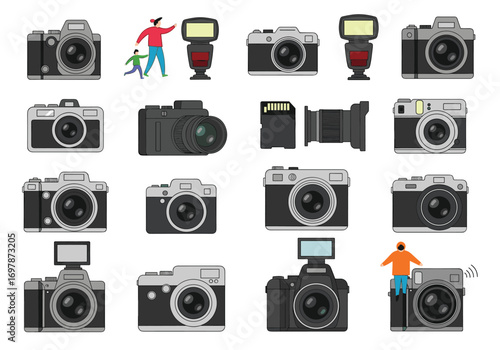 Collection of digital and analog cameras and photography accessories for creative projects