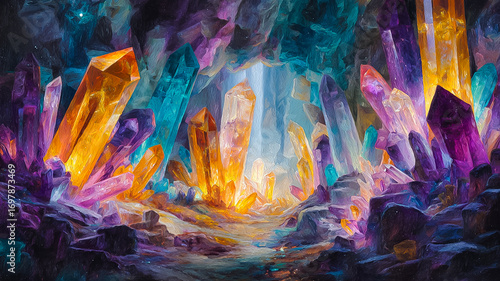 Abstract Crystal Cave Scene: Geometric Art with Fantasy Mineral Formations