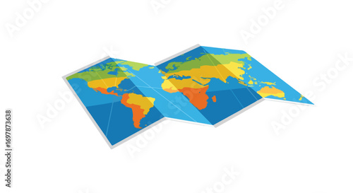 Vibrant Folded World Map Illustration Showcasing Global Continents and Geographic Cartography