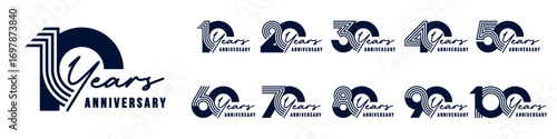 collection anniversary 10 to 100 year logo designs. abstract number for celebration event, wedding, greeting card, and invitation, vector illustration