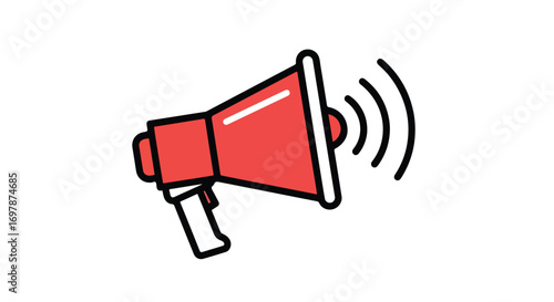 Bold red megaphone icon emitting sound waves, promoting announcement or communication, ideal for marketing concepts for reaching audience