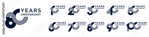 collection anniversary 10 to 100 year logo designs. abstract number for celebration event, wedding, greeting card, and invitation, vector illustration