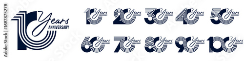 collection anniversary 10 to 100 year logo designs. abstract number for celebration event, wedding, greeting card, and invitation, vector illustration