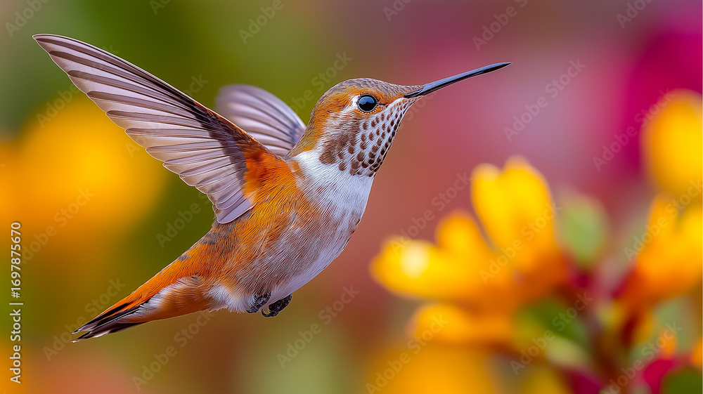 Fototapeta premium Rufous hummingbird in flight against blurred floral background wings motion