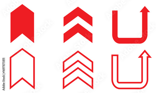 Up arrow button icon. Set of red arrow and chevron icons in solid and outline styles, representing direction, navigation, movement, and user interface design.
