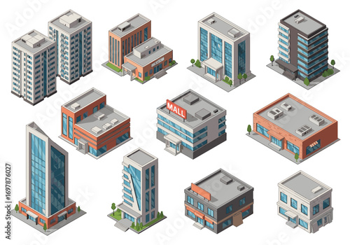 Collection of modern office buildings and commercial structures in a flat isometric design style