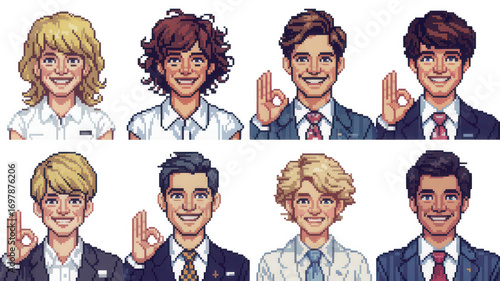 Pixel Art Portraits of Smiling People with Different Hairstyles and Outfits showcasing Diversity and Positive Expressions in Retro Gaming Style