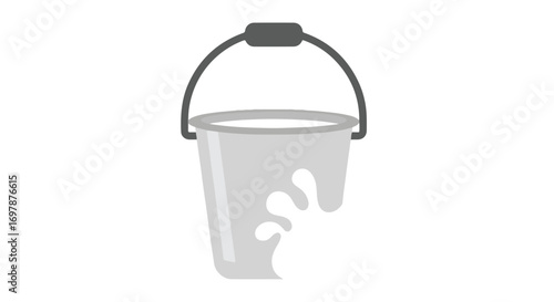 Cartoon illustration of a grey bucket with water splashing out against a white background simple drawing vector graphic with rounded edges icon