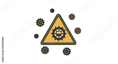 Animated hazard warning symbol with gear wheel depicting complex systems vulnerability concept and engineering failure represented by isolated icons