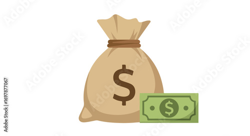 A depiction featuring a money sack and a paper currency, signifying financial prosperity and wealth accumulation illustration